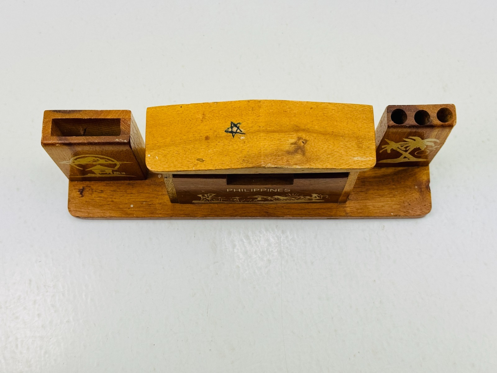Vintage Philippines Date Day Month Wood Desk Desktop Calendar Pencil Pen Holder