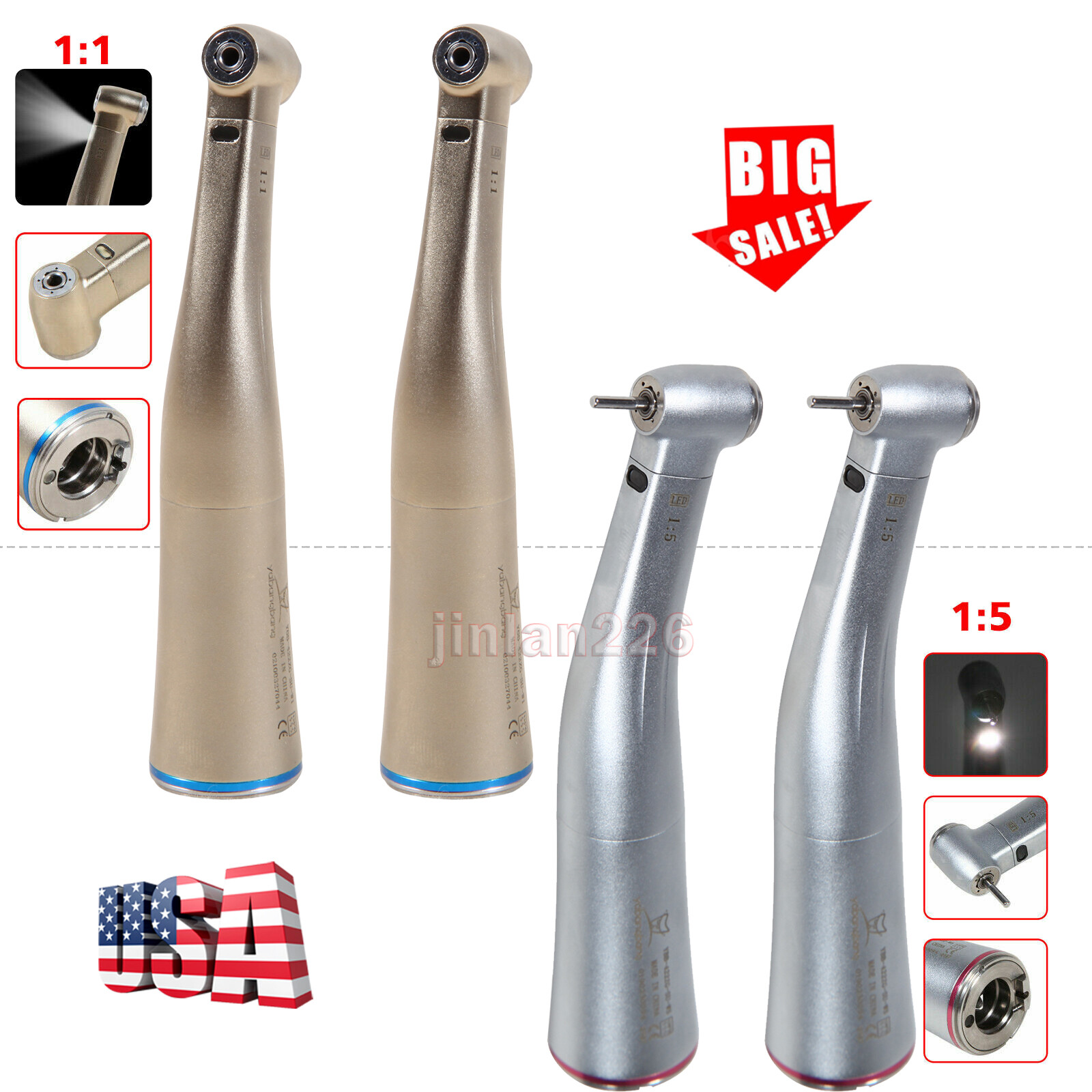 Dental 1:1 1:5 LED Contra Angle Handpiece Inner Channel F/ NSK Electric Motor