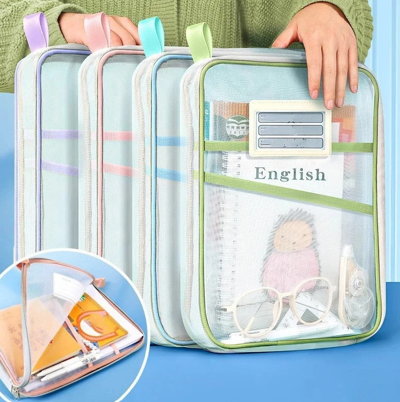 4pcs A4 Mesh Zipper Storage Bags Double Layer Large Capacity Organizer – NEW