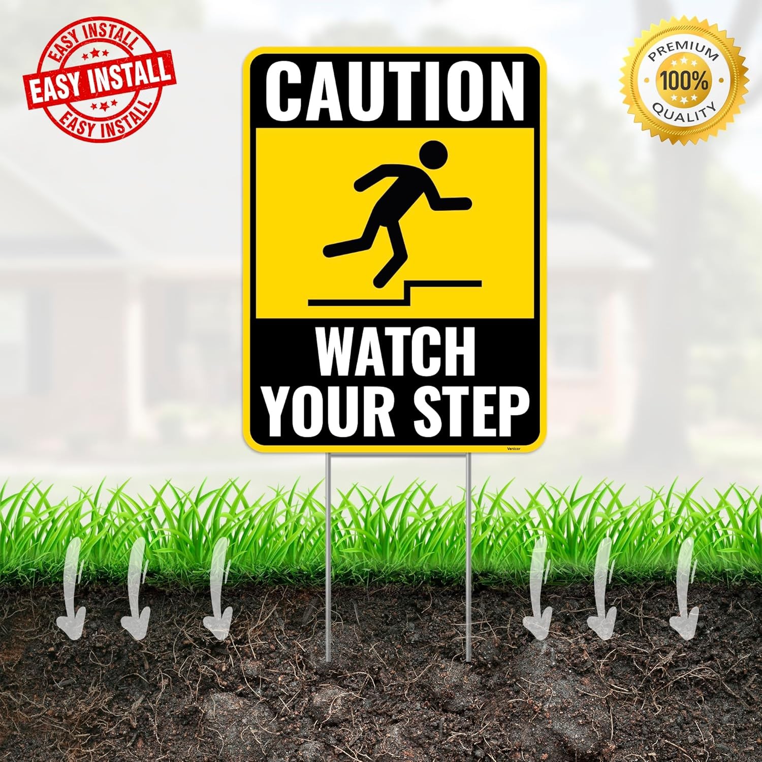 2PC Watch Your Step Sign with Metal Stakes, 12 Inches by 9 Inches – Corrugated P