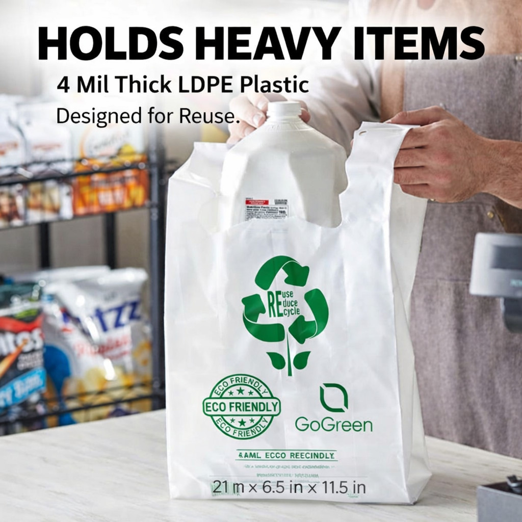 Extra Heavy Duty 1/6 21 x 6.5 x 11.5 4.0 mil T-Shirt Plastic Grocery Shopp Bags