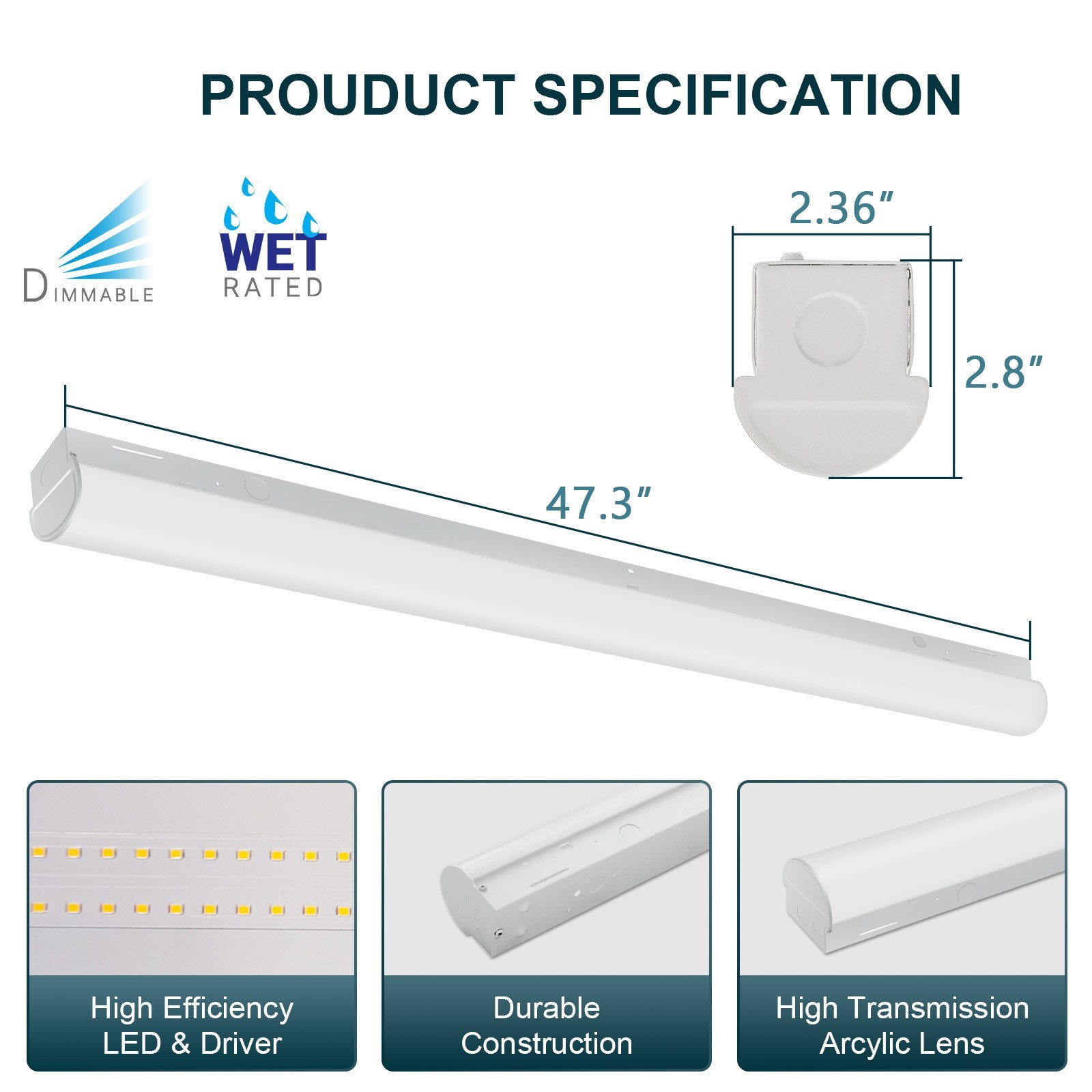4FT LED Linear Shop Light, 3CCT 3500-5000K, 3 Lumen, 120-277V 0-10V Dim, UL/DLC