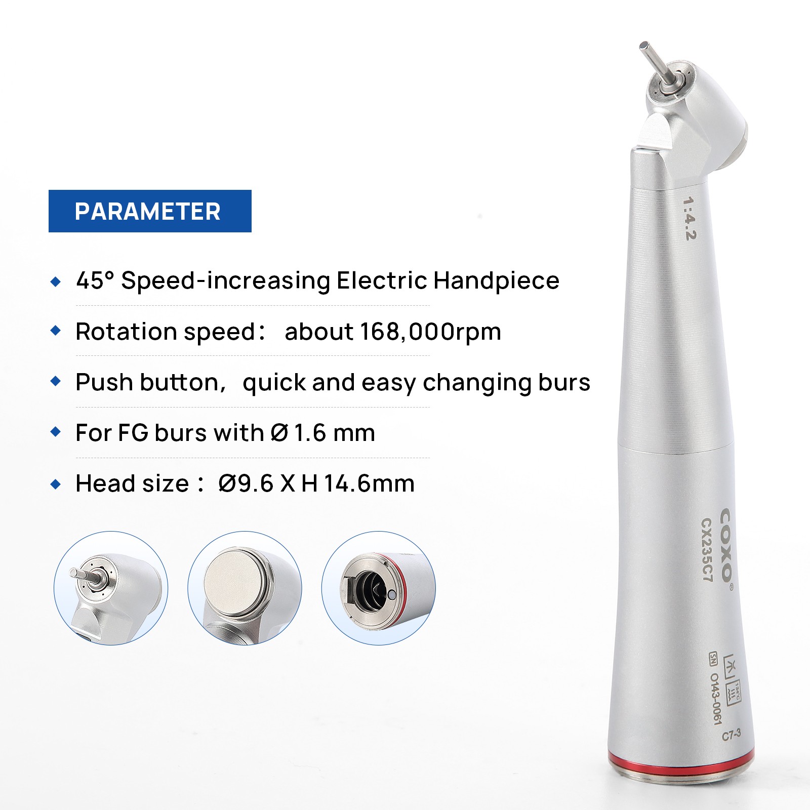 COXO Dental 1:4.2 Speed-increasing Contra Angle Handpiece Internal Water #C7-3