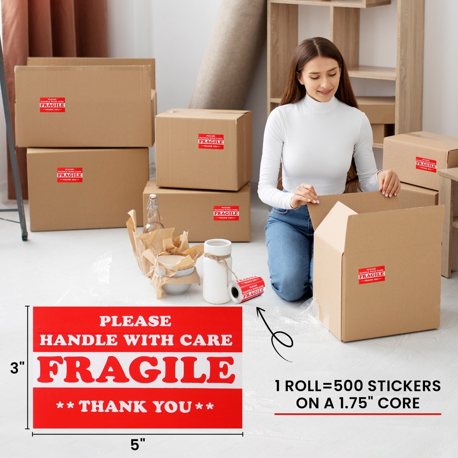1000 pieces 3″ x 5″ Handle With Care Fragile Label Sticker Self Adhesive Warning