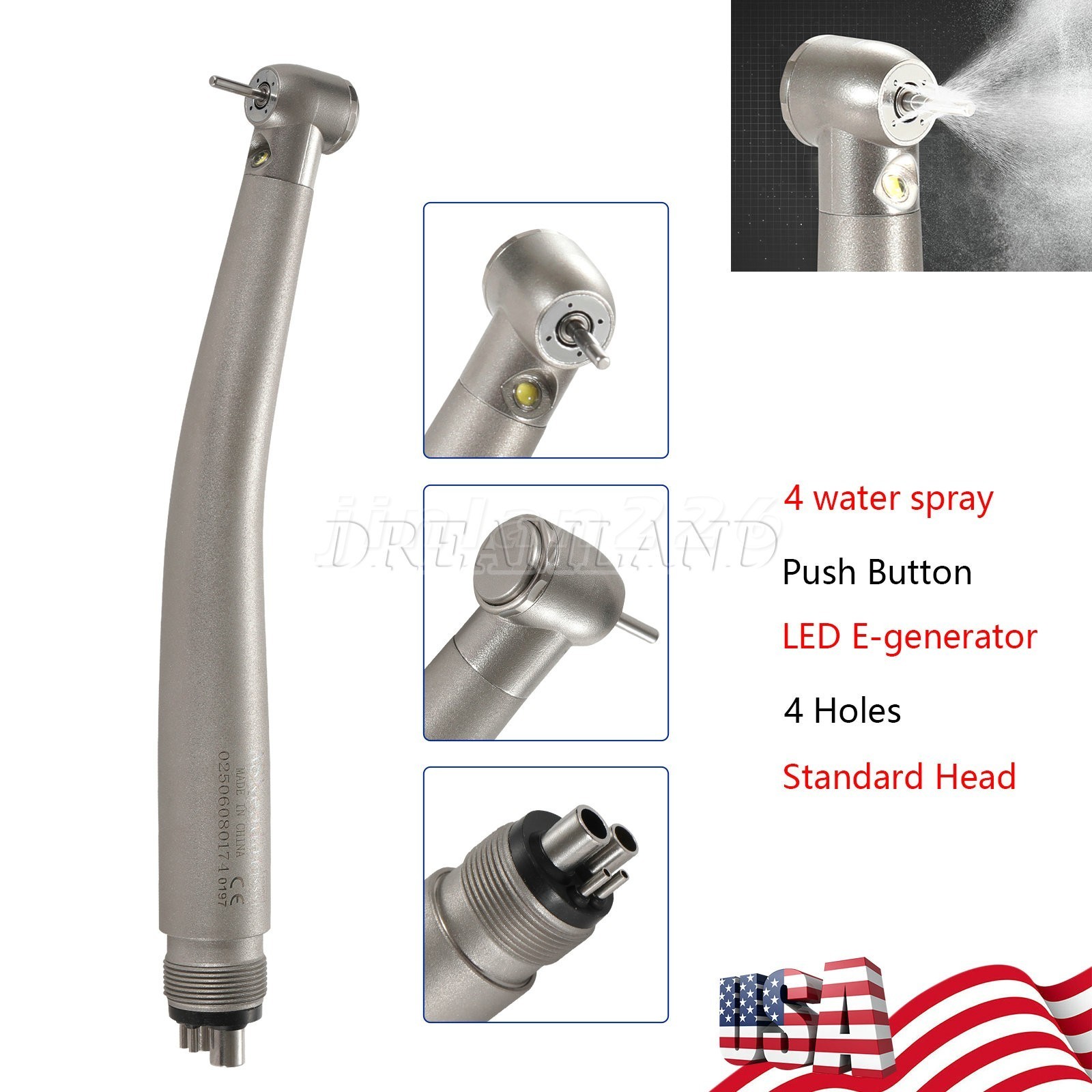 NSK Style Dental LED E-generator Fiber Optic 4 Spray Handpiece 4H Standard Head