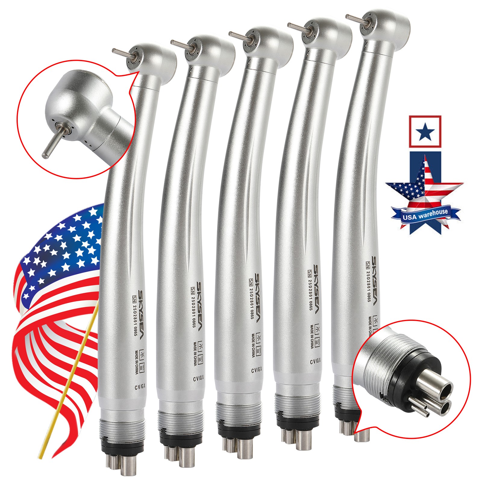 1-5 SKYSEA Dental High Speed Handpiece Big Head Push Button Type 4Hole FG 1.60mm