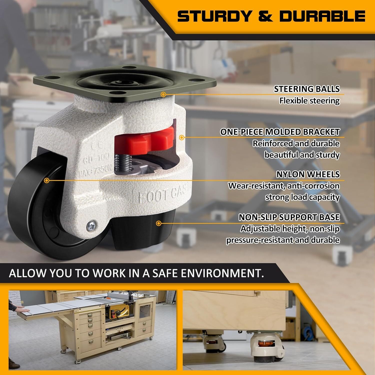 4PCS Leveling Machine Caster with Rubber Pad, Retractable Workbench Caster Wheel
