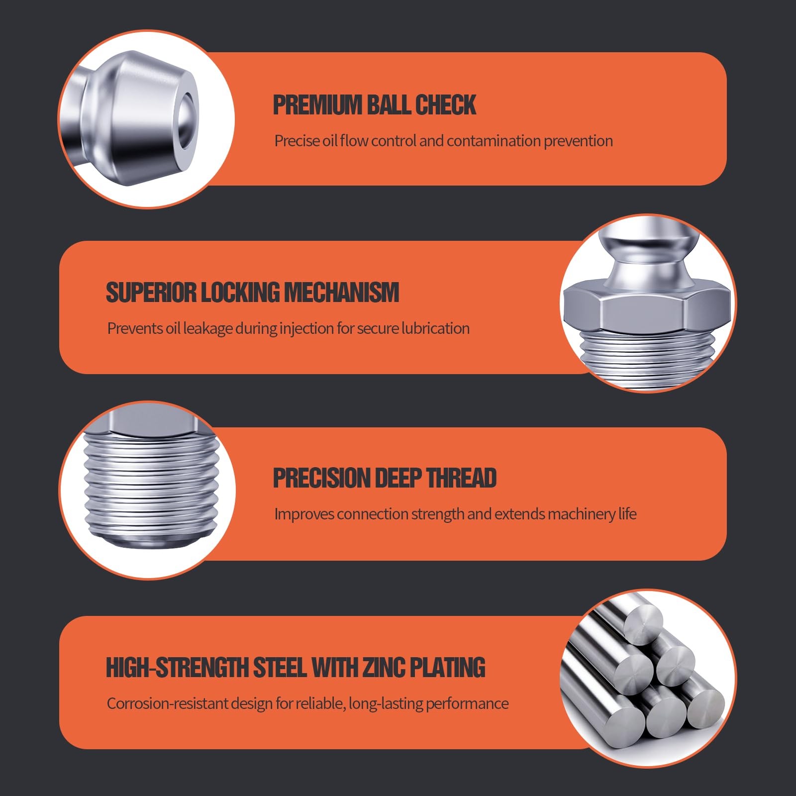 M8 Zerk Grease Fittings, Metric Grease Nipples with 45-Degree Angle, Grease F