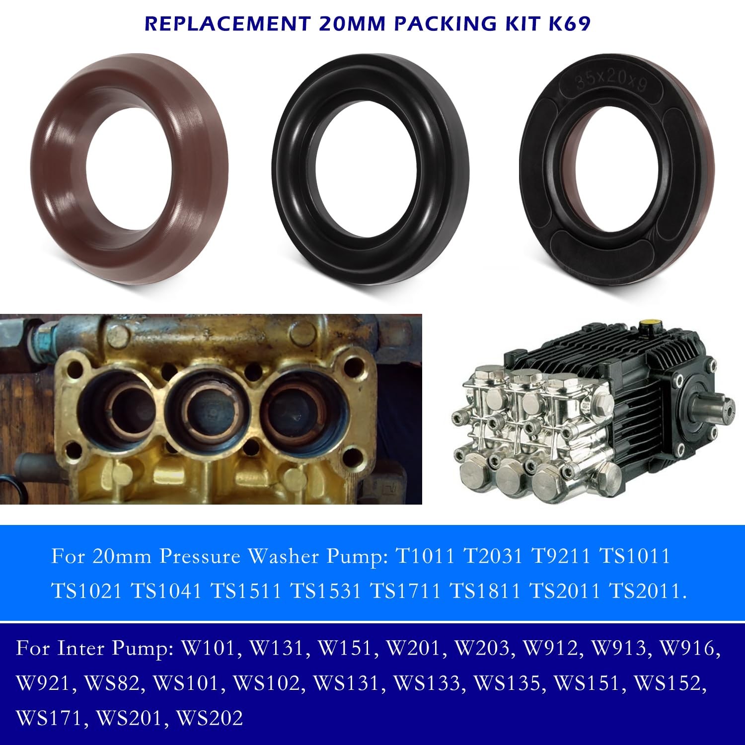 9Pcs General Pump K69 Packing Kit 20mm, Repair Kit fits GP K69 Interpump TS2021