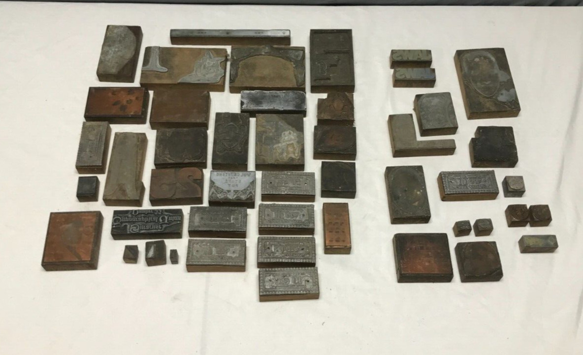 VTG Lot Letter Press Block Stamp Ink Print Type Advertising Wood Copper 2002-23B