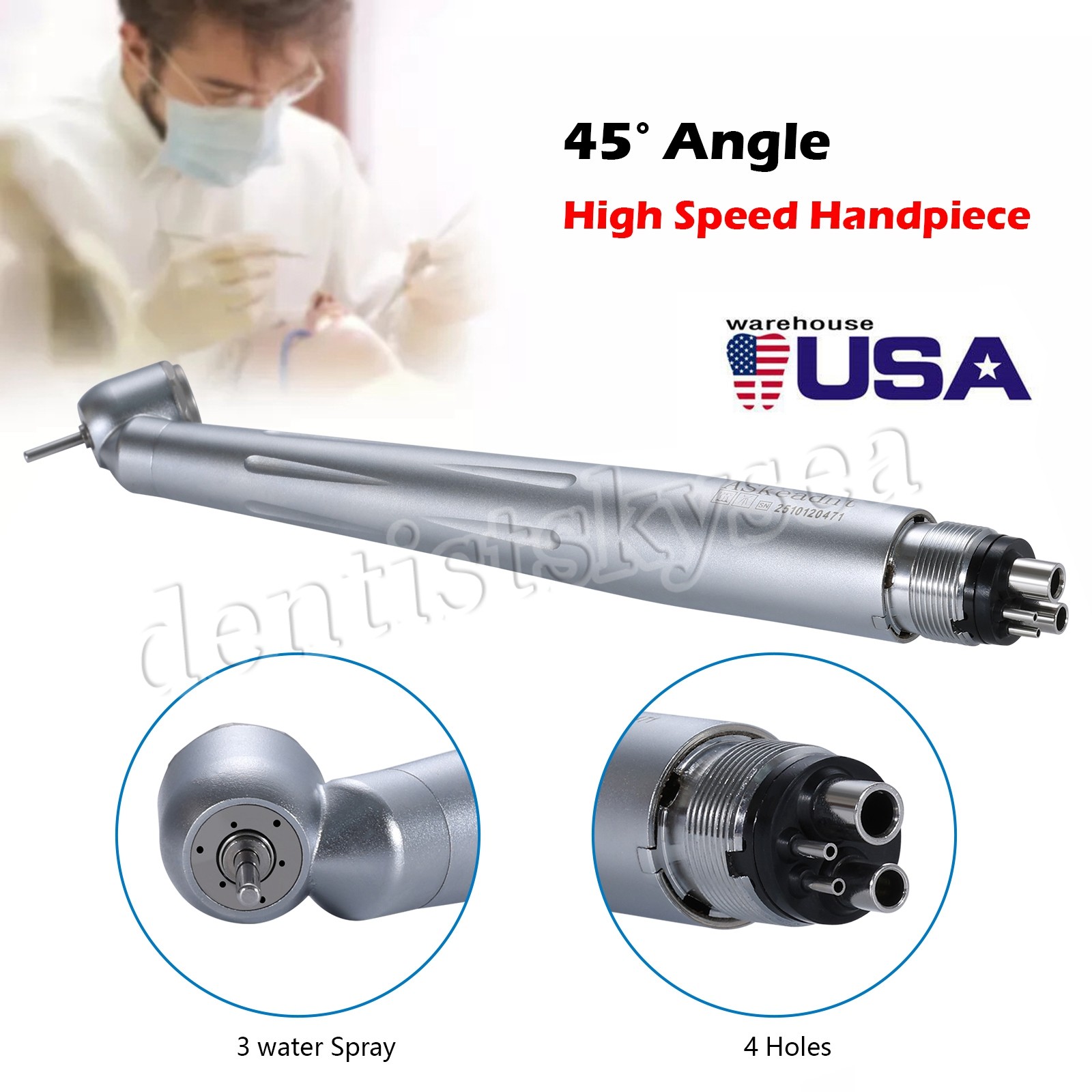 Dental 45° High Speed Handpiece Surgical Single Spray 4Hole Push Steel Turbine