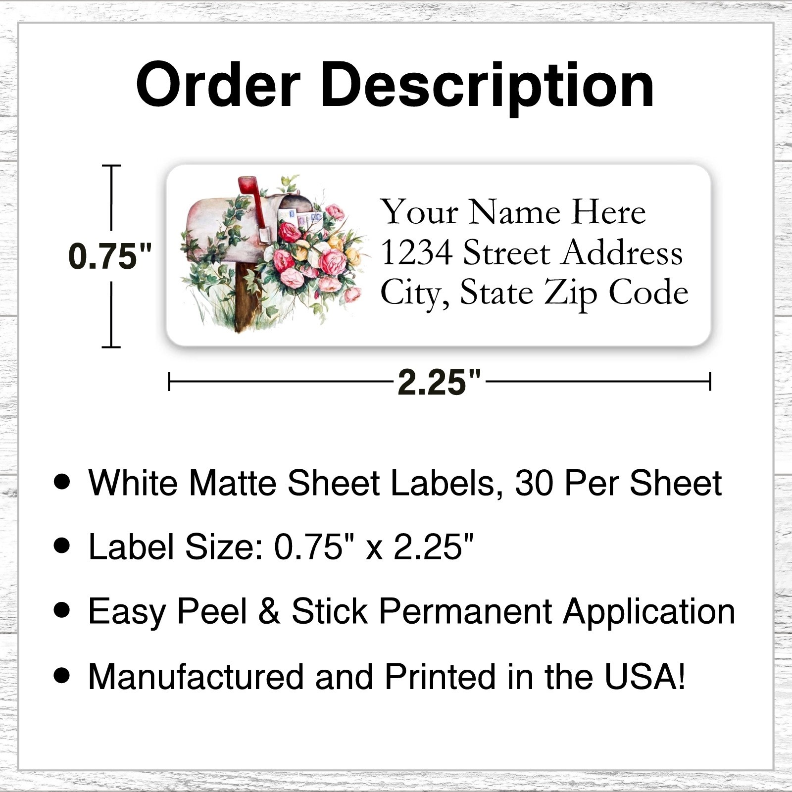 60 Return Address Labels Personalized Printed 3/4 x 2 1/4 Floral Mailbox