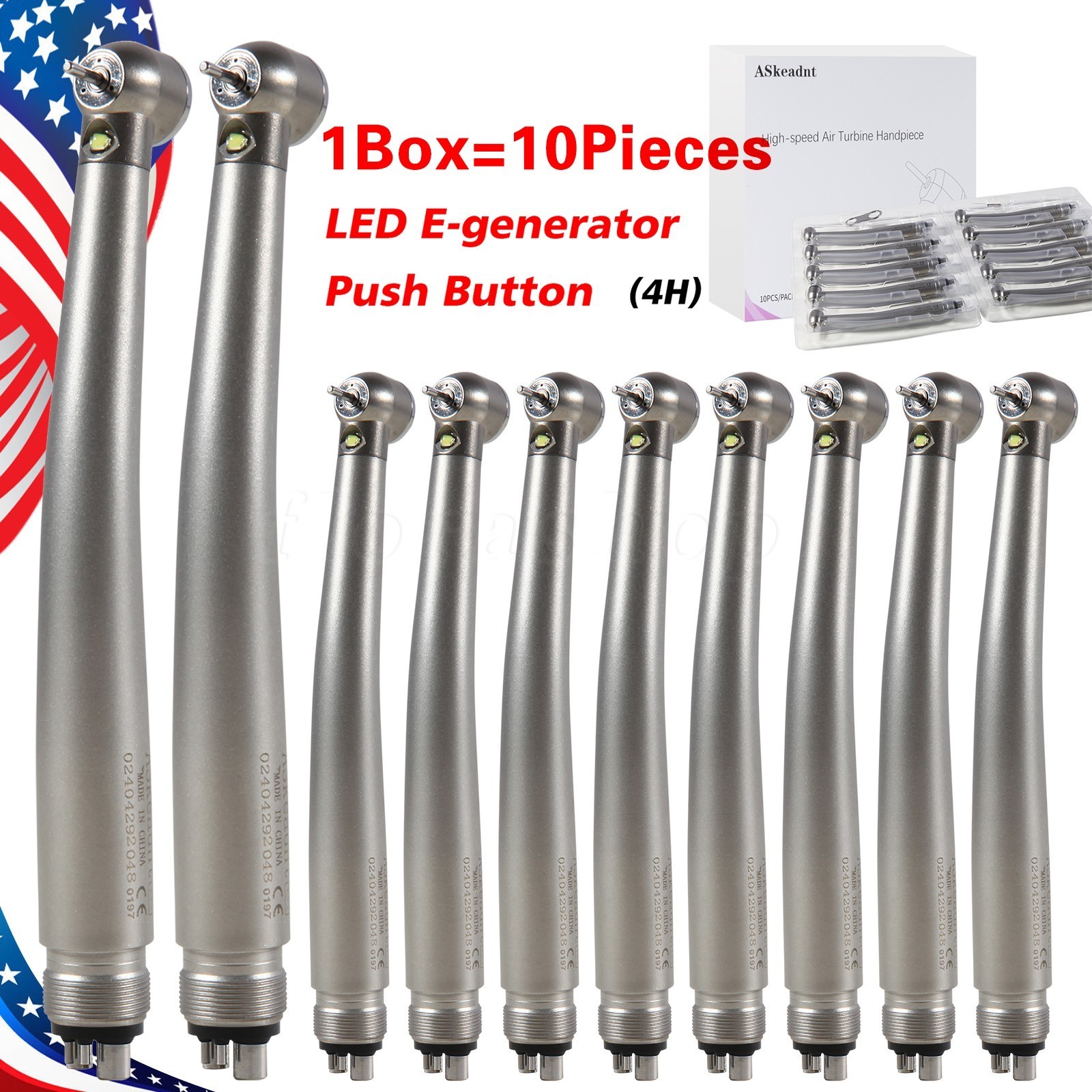 10 PCS Dental LED E-Generator Fiber Optic High Speed Handpiece 4 Hole NSK Style