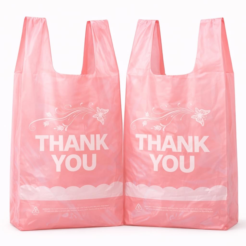 800 Pink Thank You T-Shirt Bags with Handles, 11″x6″x21″, Durable HDPE for Groce
