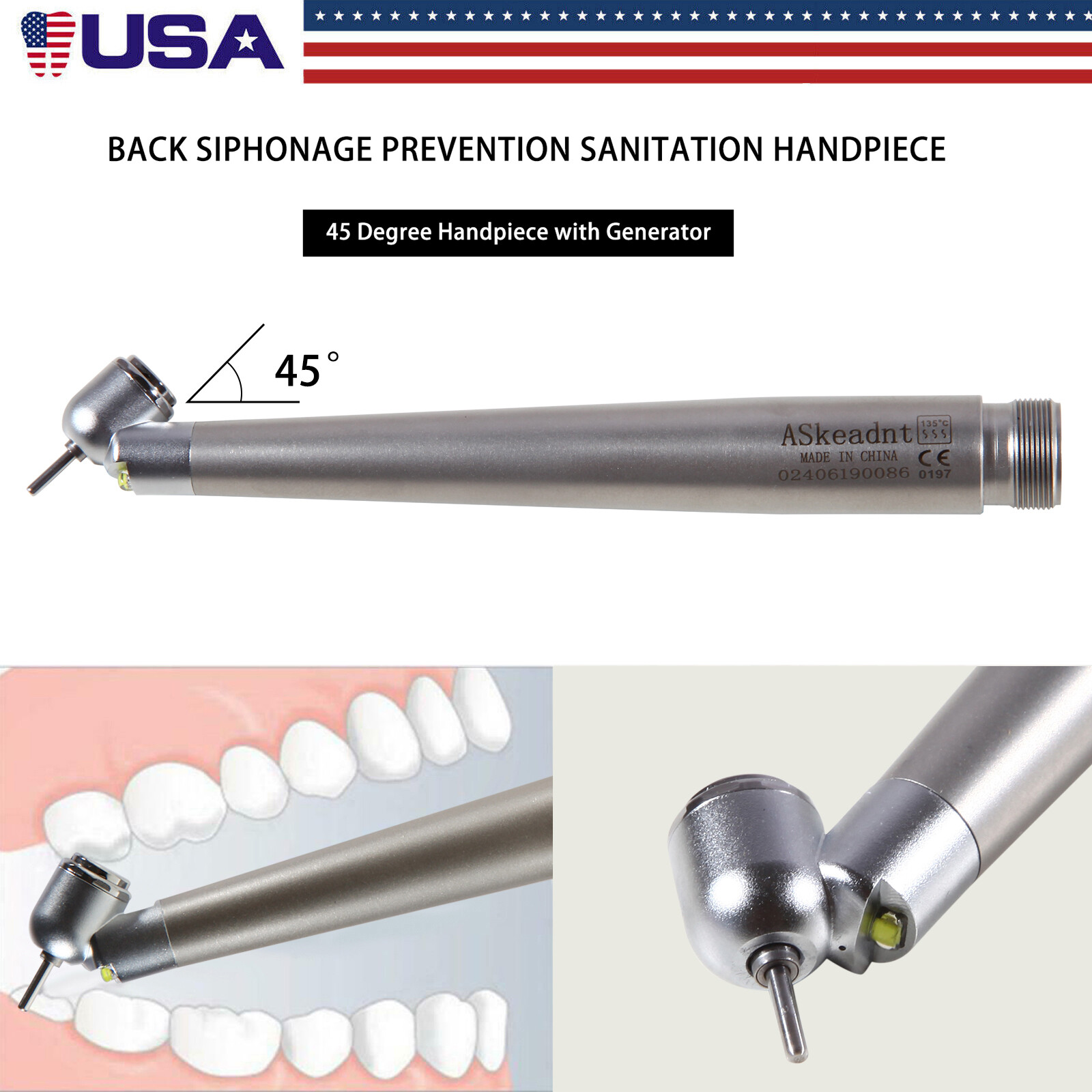 45 Degree Dental LED E-generator 45° Angle High Speed Handpiece 2 Hole ASkeadnt