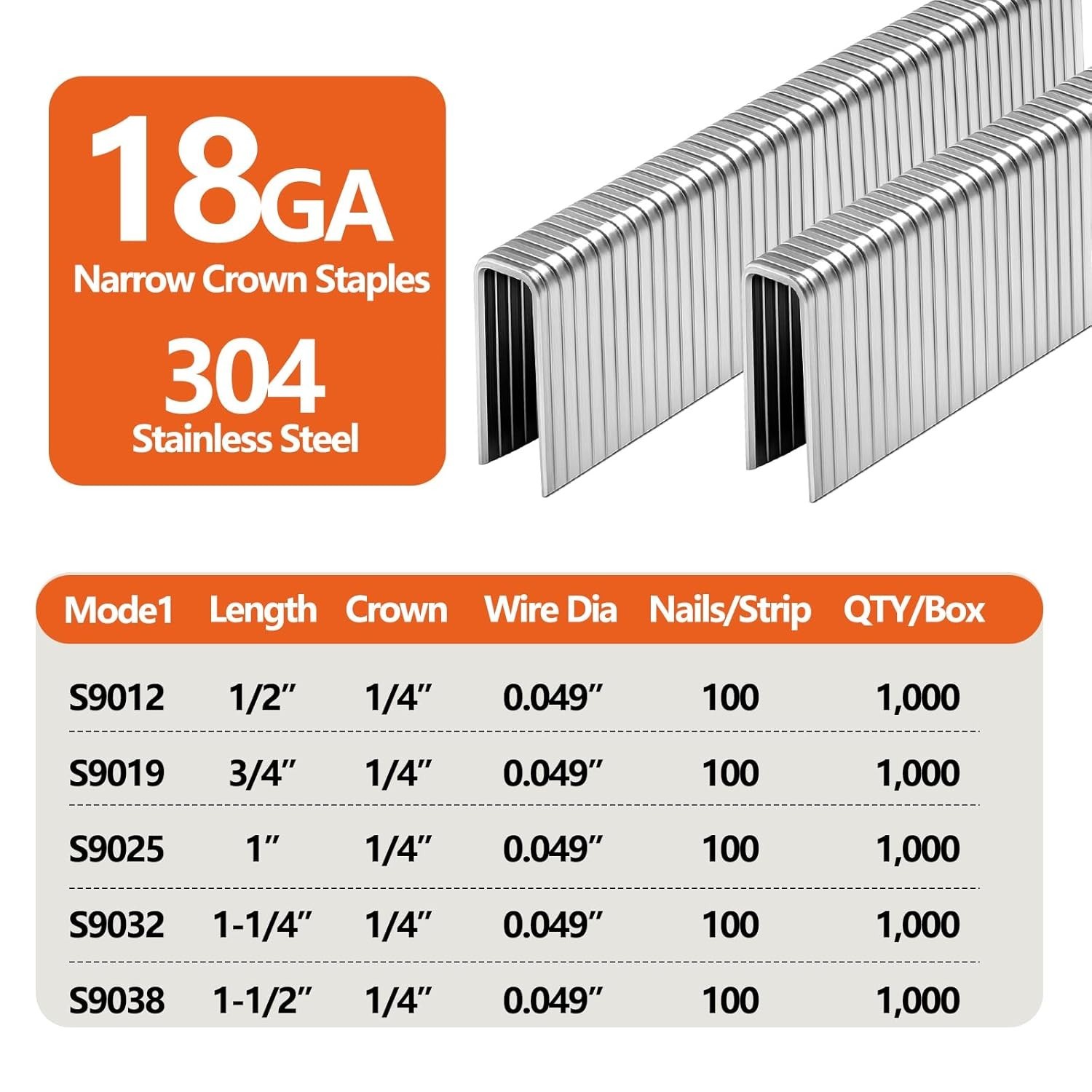304 Stainless Steel 18GA Narrow Crown Staples, 1000 Pieces for DIY Projects