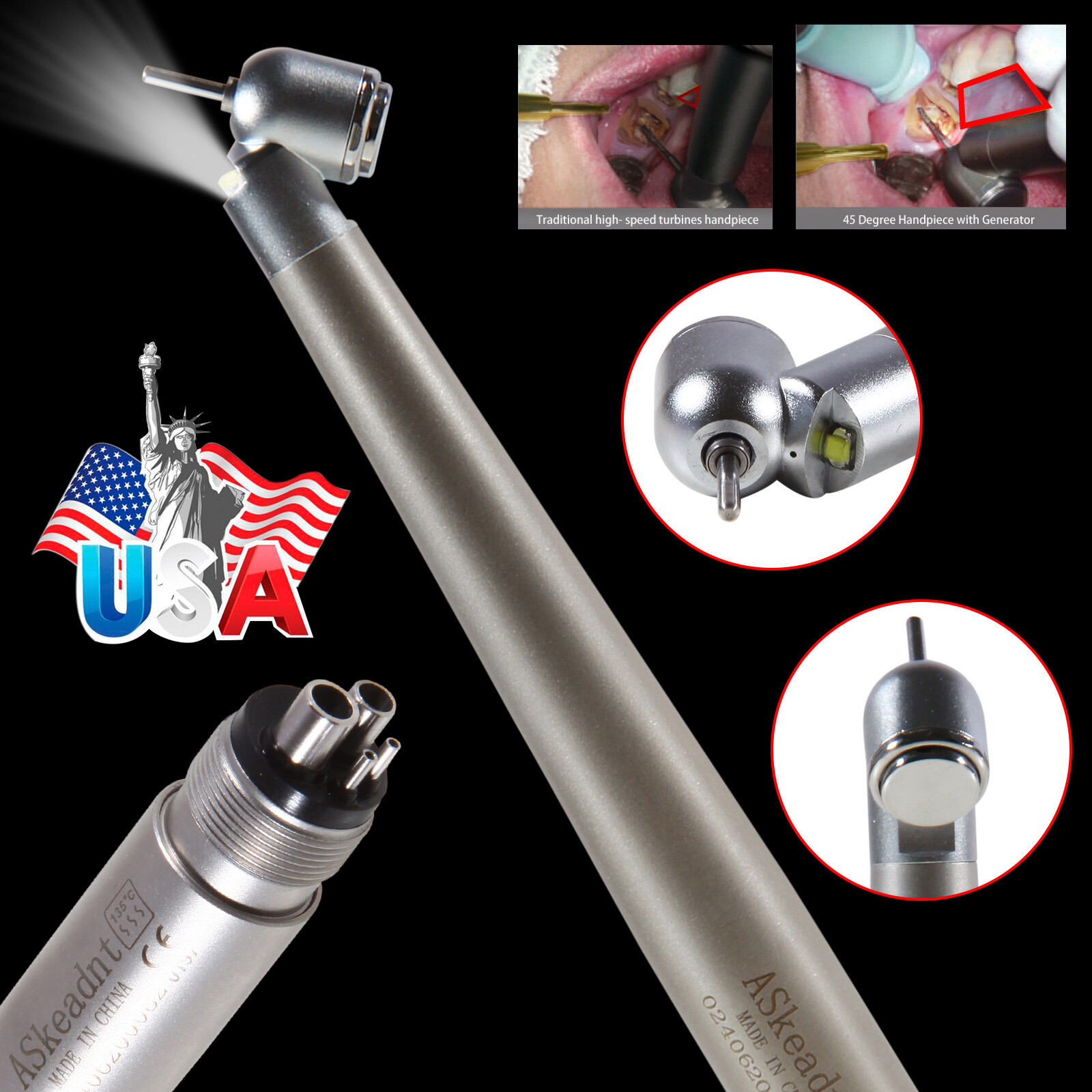 NSK Style Dental Surgical Handpiece 45 Degree High Speed 4 H E-generator LED sa