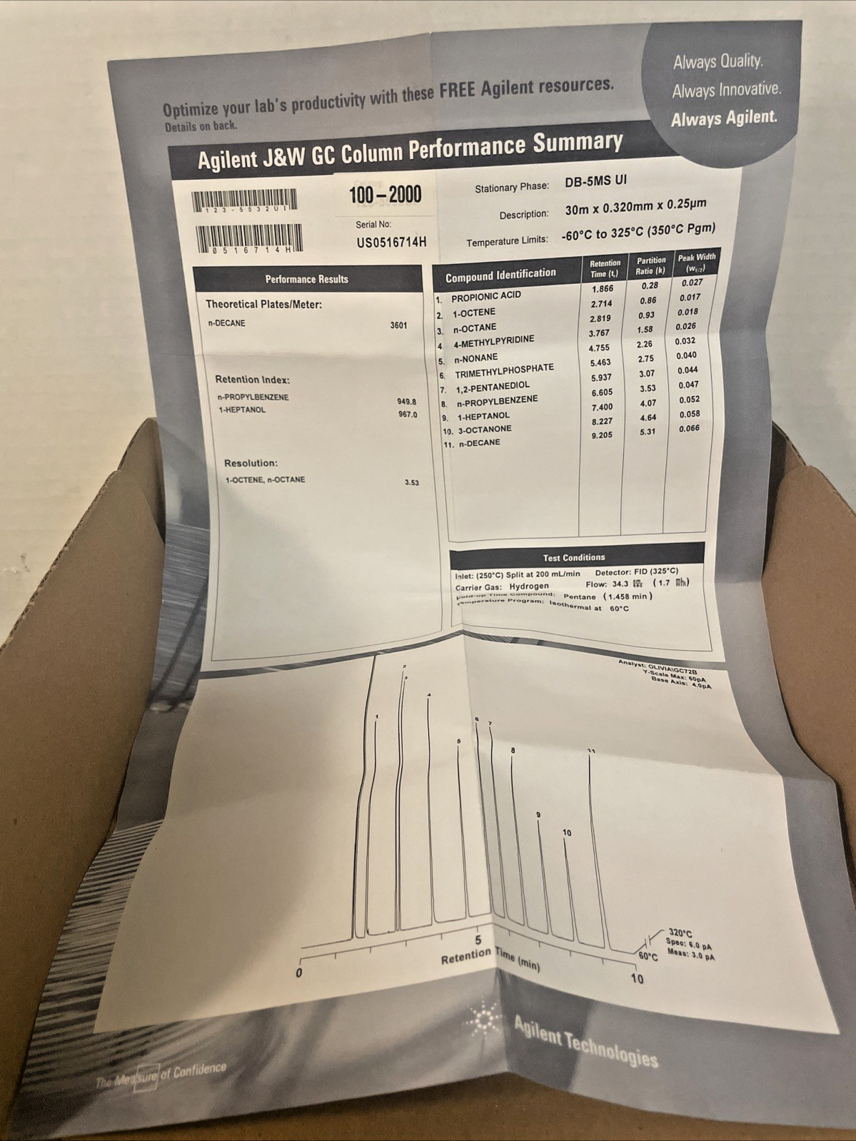 AGILENT J&W 100-2000 GC Column DB-5MS UI 30m, 0.32mm, 0.25µm