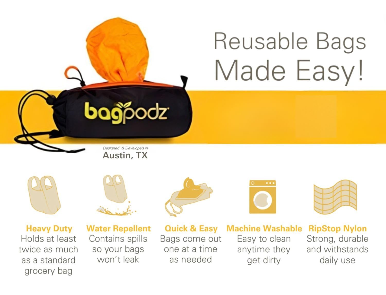 BagPodz Sturdy Reusable Grocery Bags Foldable and 5-Pack, Orange – 5