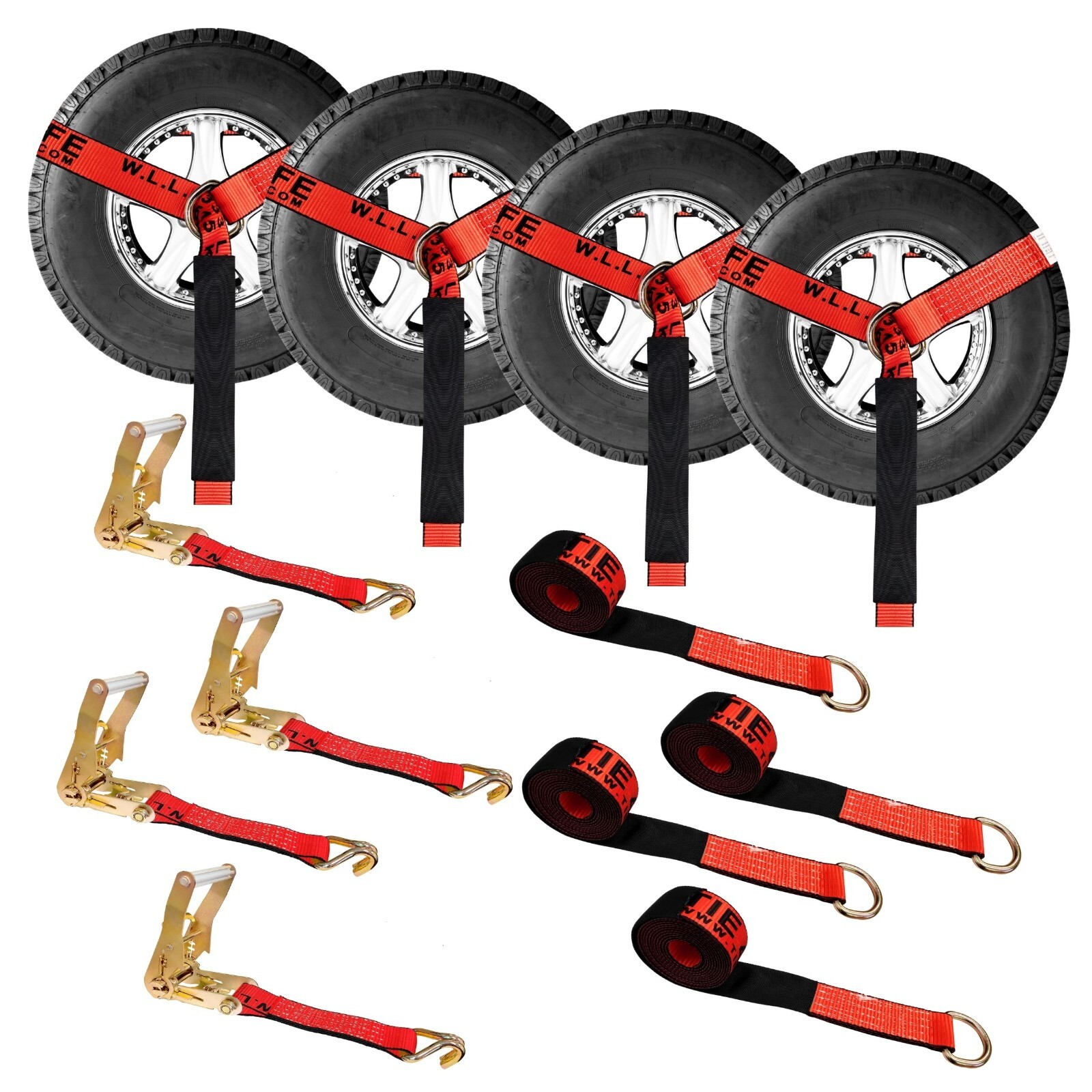 USA 4 Pack 2″ x 10′ Side Mount Wheel Net Tie Down Kit w/Wire J Hook Auto Hauler
