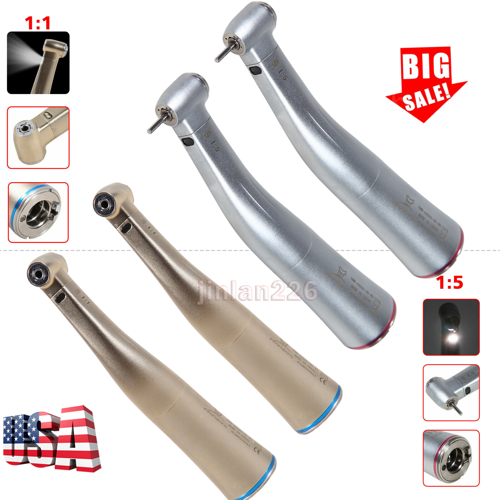 Dental 1:1 1:5 LED Contra Angle Handpiece Inner Channel F/ NSK Electric Motor