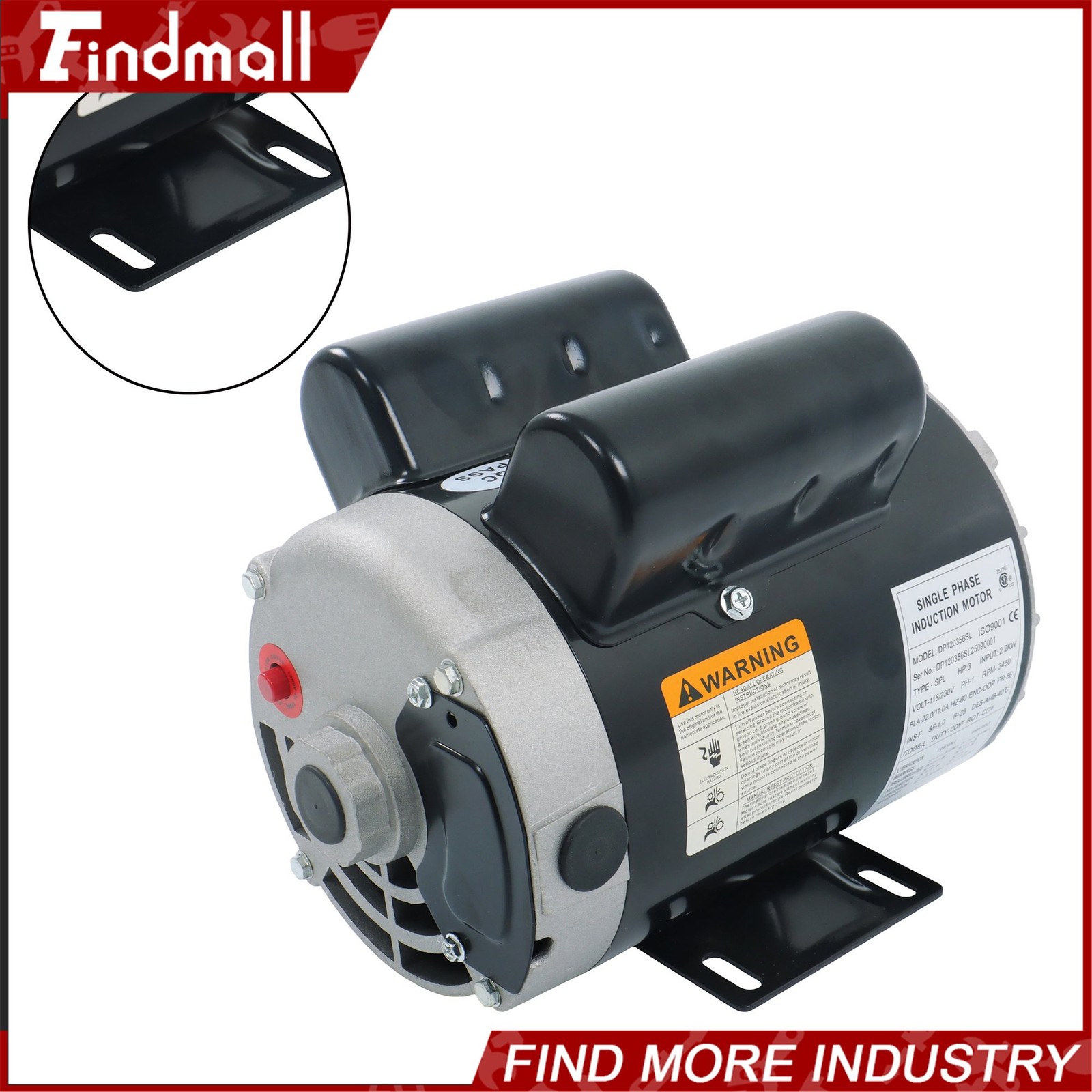 Findmall Electric Motor 3HP SPL 3450RPM 56 Frame 1Phase 115-230Volt