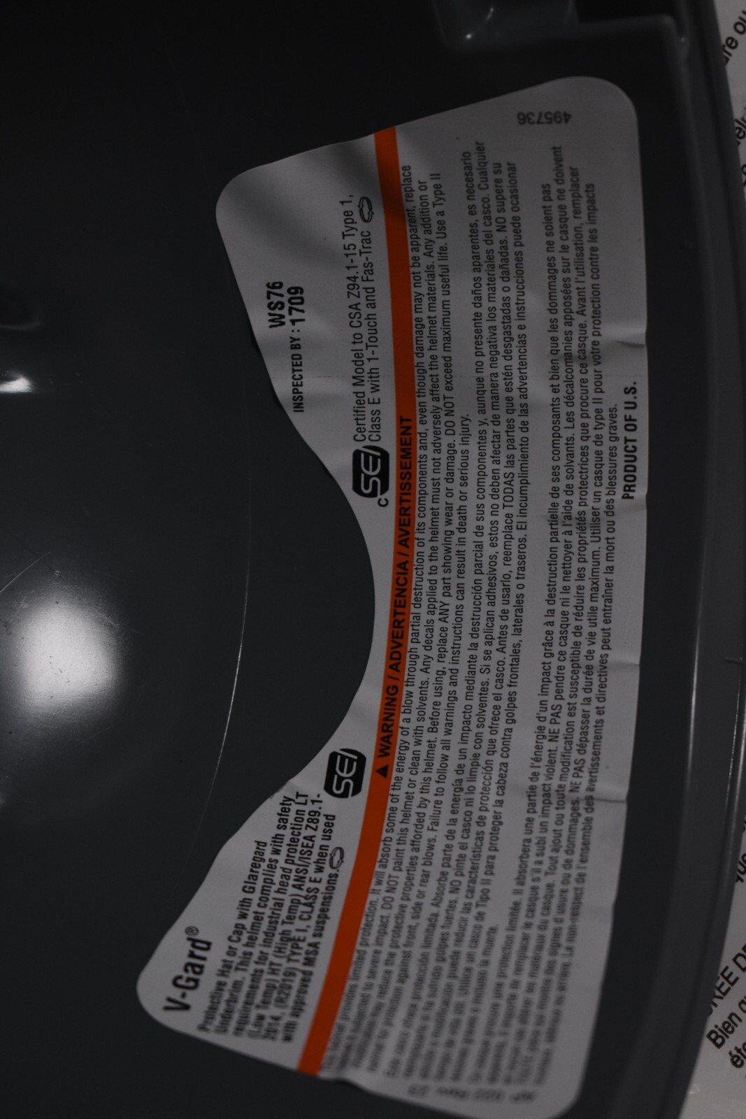 MSA V-Guard Type I Protective Helmet Gray Safety Hard Hat Branded 495736
