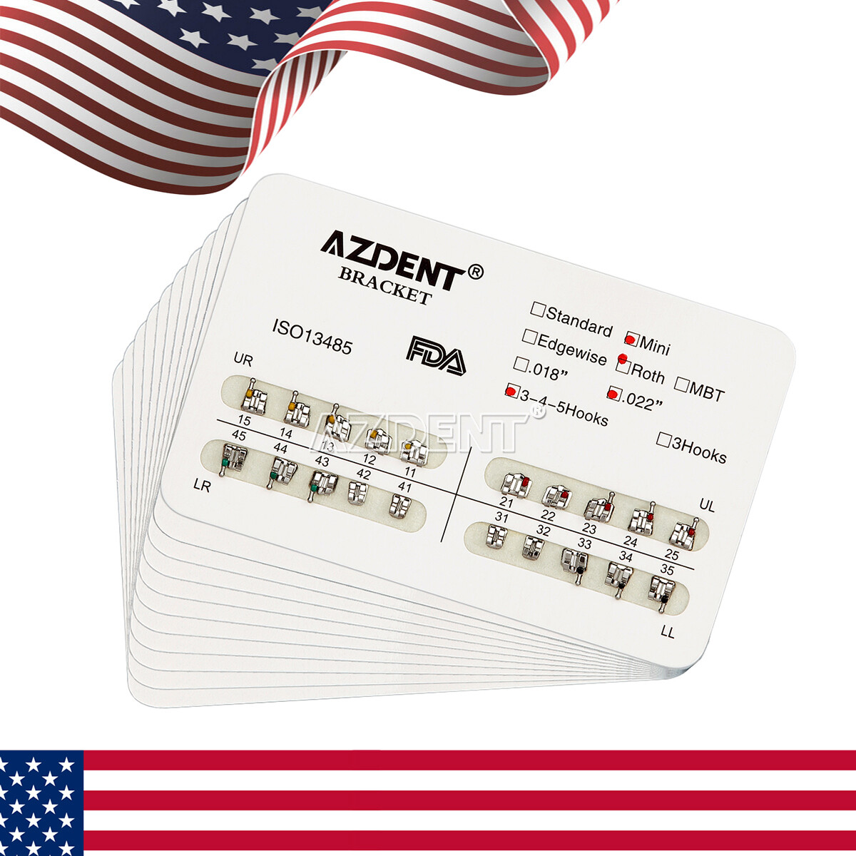 20 Packs AZDENT Dental Ortho Brace Brackets Mini/Standard MBT/Roth 022/018 Hooks