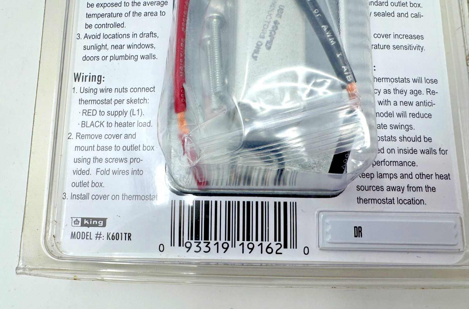 King Electric K601TR Single Pole Thermostat NEW