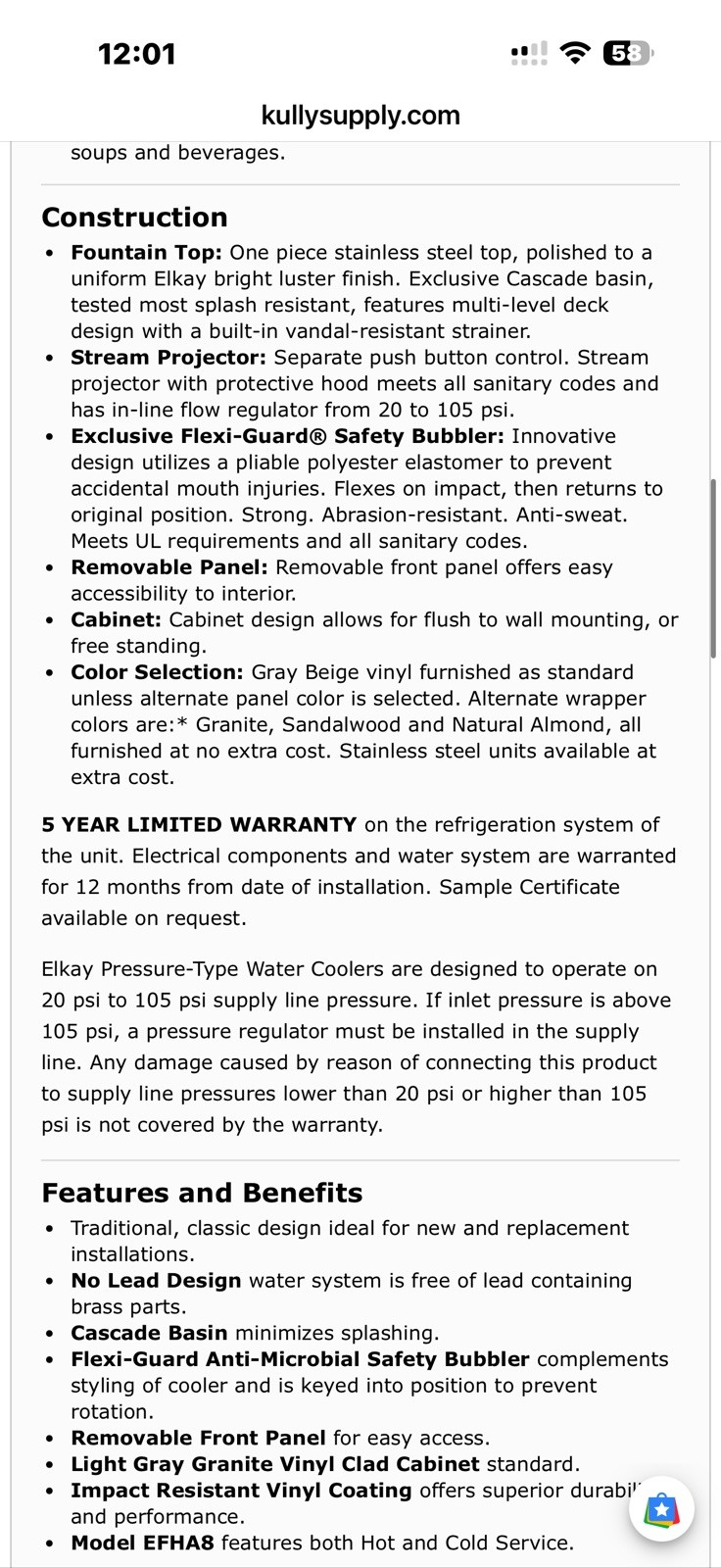 Elkay EFHA8L1Z 7.6 GPH Floor Mount with hot water tap open box never used
