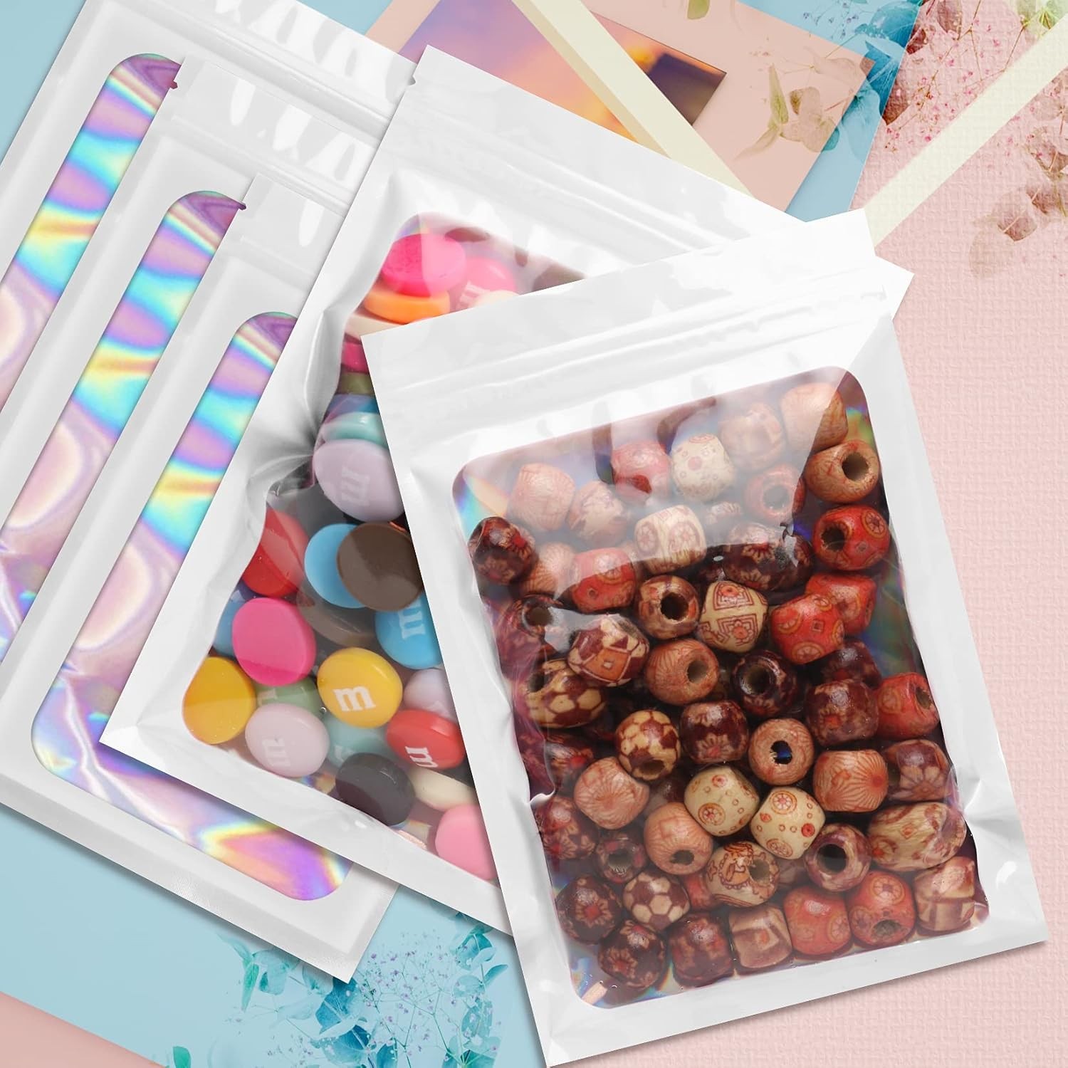 400PCS Holographic Mylar Foil Bag Resealable Zipper Pouch Packaging Clear Front