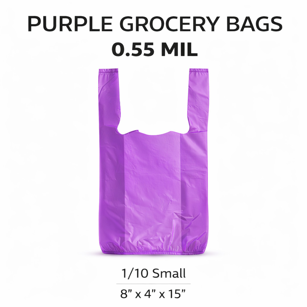 Purple T-Shirt Bags 1/10 Small 8x4x15 Medium- Duty 0.55 Mil Bulk Pack