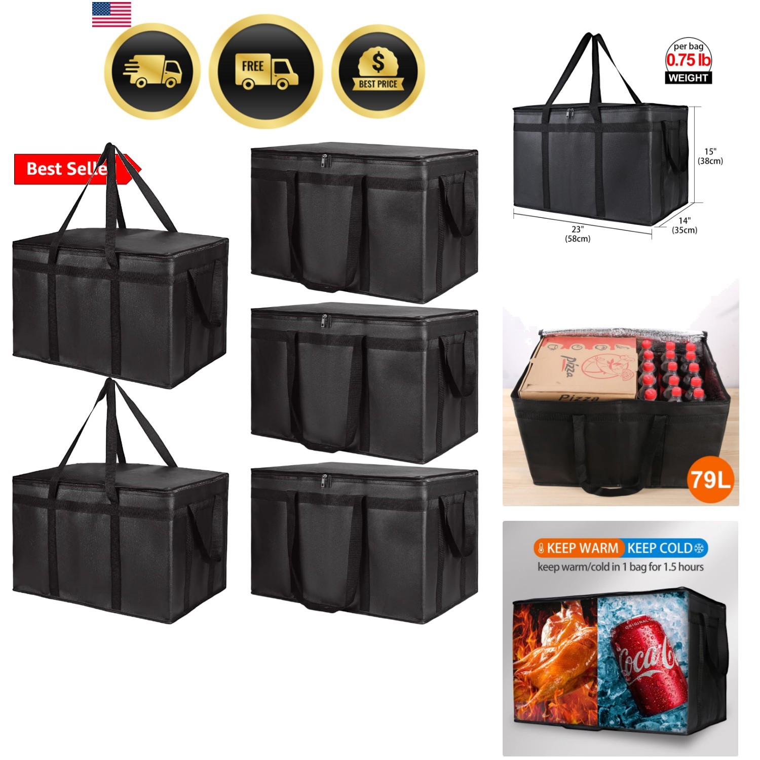 5-Pack Insulated Food Delivery Bag for Hot and Cold Meal, XXX-Large, Grocery …