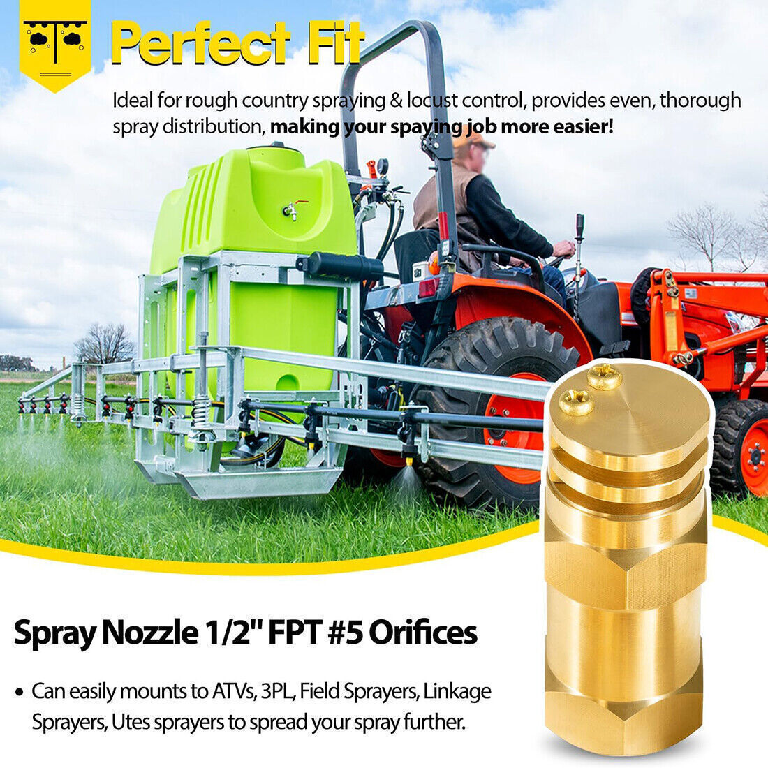 Boomless Spray Nozzle w/90°&180°Caps 1/2″FPT #5 Brass 40PSI 2.0GPM Agricultural