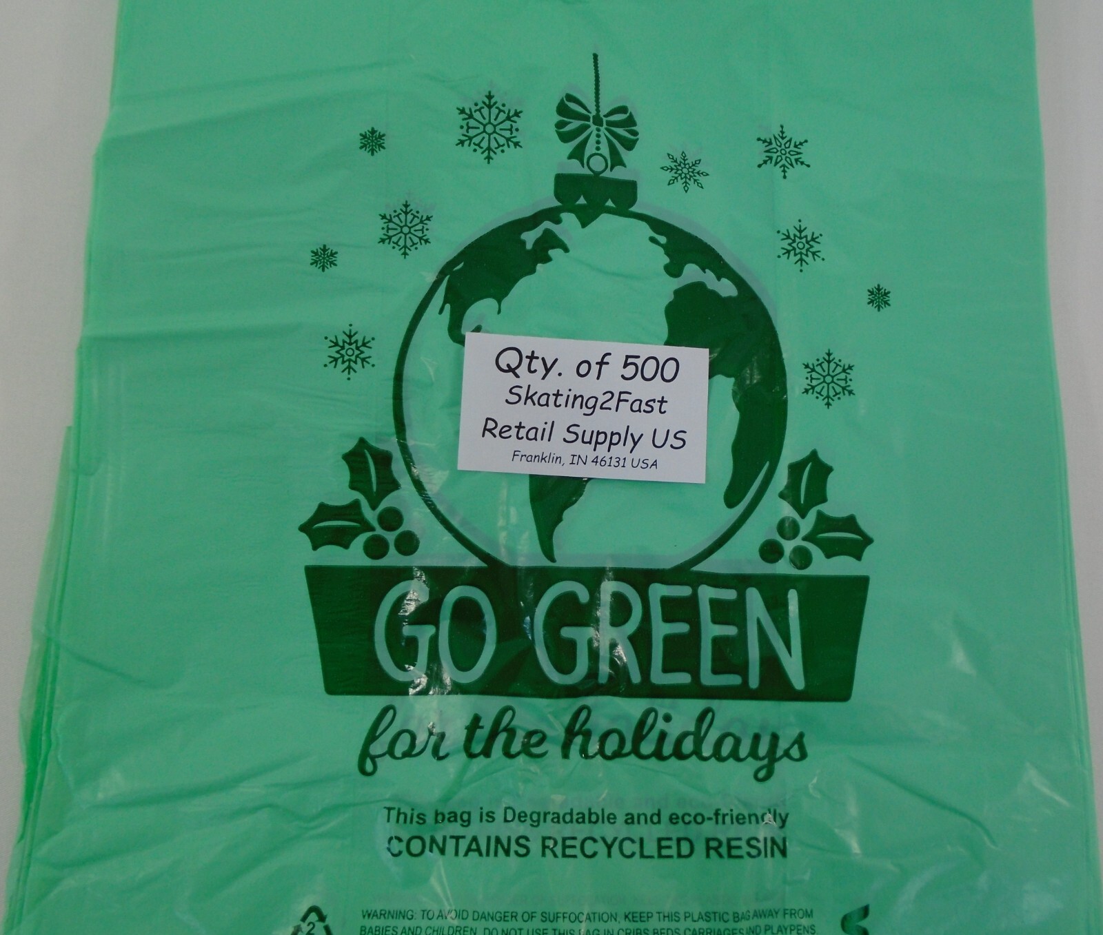 500 Qty. Go Green Holiday Degradable Plastic T-Shirt Bags Handles 11″x6″x21″