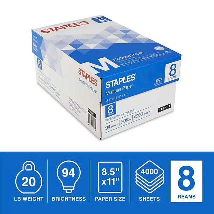 Staples Multiuse Copy Paper 8.5 x 11 20 lb 94 Bright 8 Ream 4000 Sheets