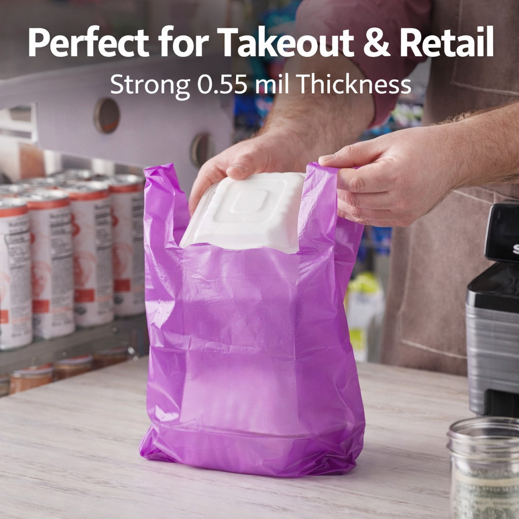 Purple T-Shirt Bags 1/10 Small 8x4x15 Medium- Duty 0.55 Mil Bulk Pack