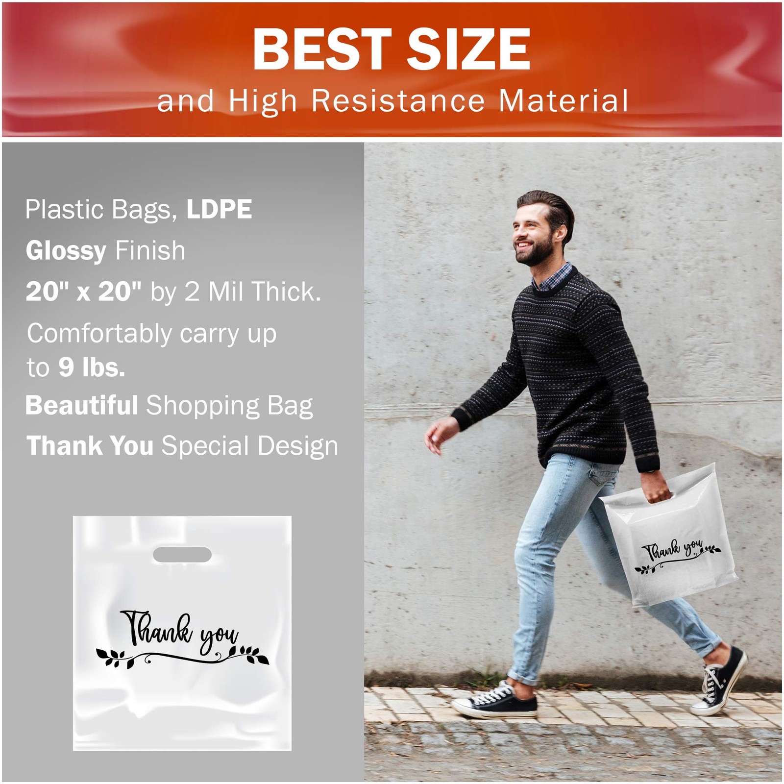 Thank You Merchandise Bags 20×20 Extra Large Leaf Design 100 Pack 2 Mil Thick