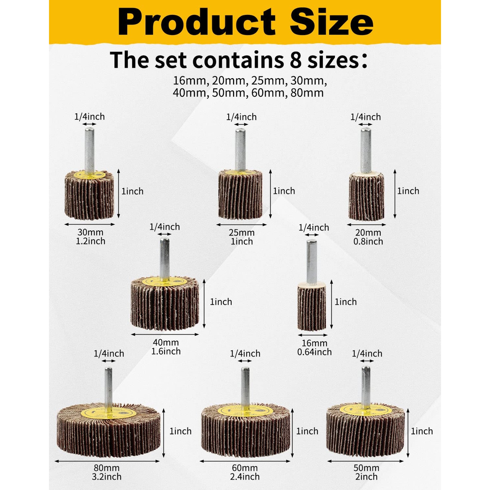8 Pcs Flap Wheel Sander Set, 1/4″ Shank 8Size Flapper Wheel, SHITIME Long-Lastin
