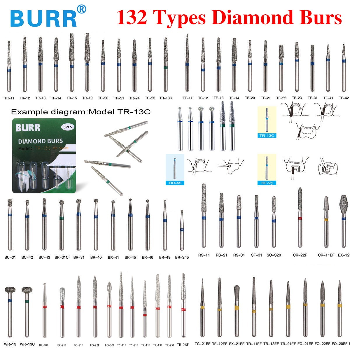 5Pcs/pack Dental Fresas diamante Bur Fit High Speed Handpiece Friction Grip OR