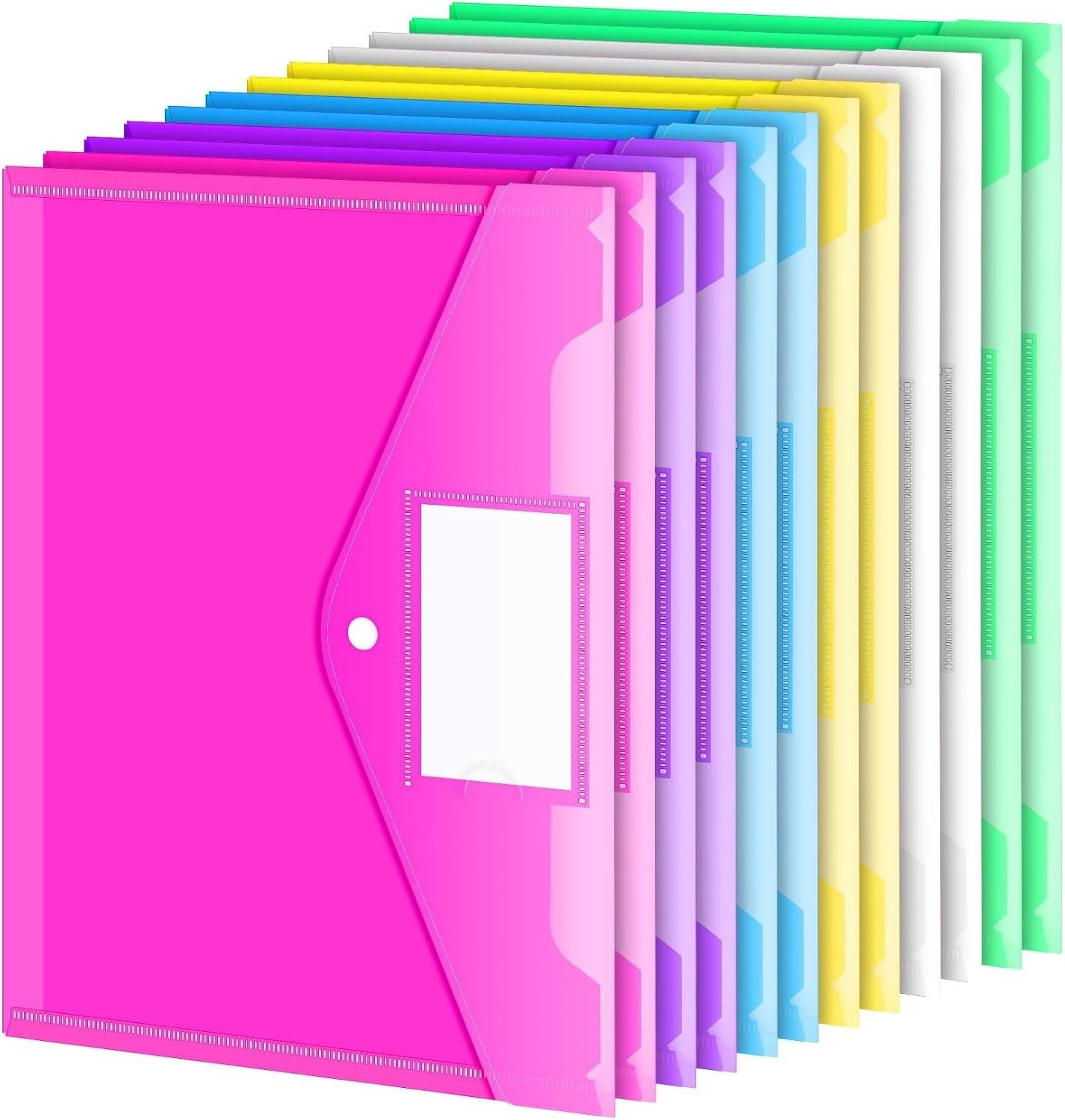 12 Eco-Friendly Plastic Folders with Colorful Snap Closure and Labeling Pockets