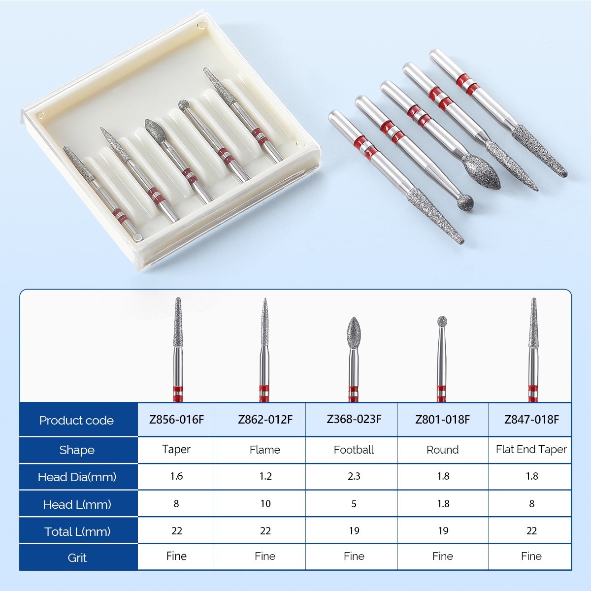 5pcs Dental Diamond Zirconia Cutting Burs Kit FG 1.6mm Fit High Speed Handpiece
