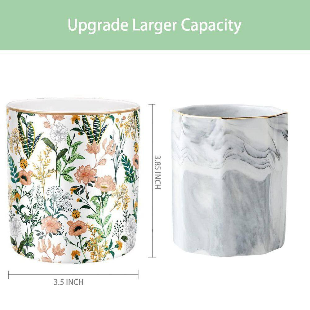 1 Piece White Flower Ceramic Pen Holder Cup, Large Capacity Desk Organizer for P