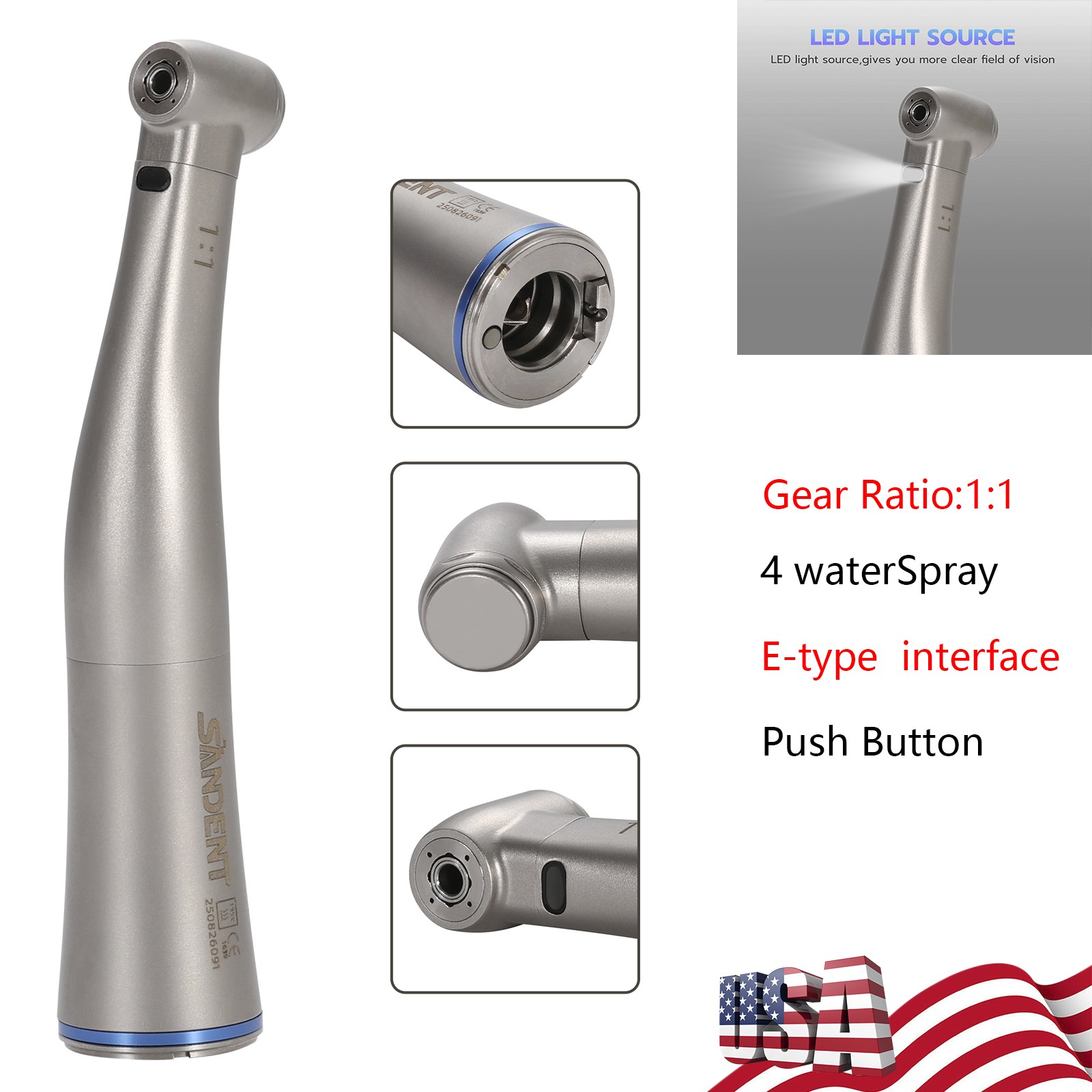 SANDENT Dental 1:1 Fiber Optic LED Contra Angle Handpiece Inner 4 Spray E-type