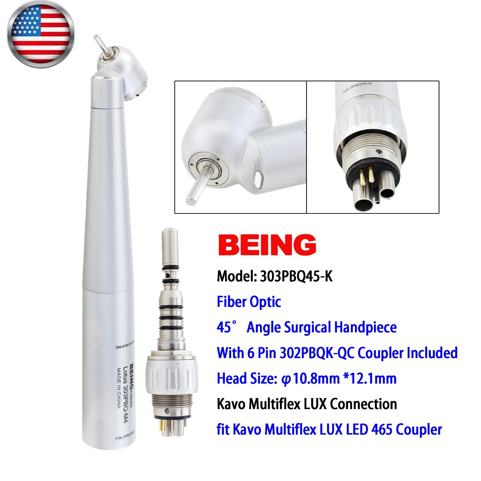 BEING High Speed Handpiece Fiber Optic Surgical 45° Angle KaVo Multiflex Coupler