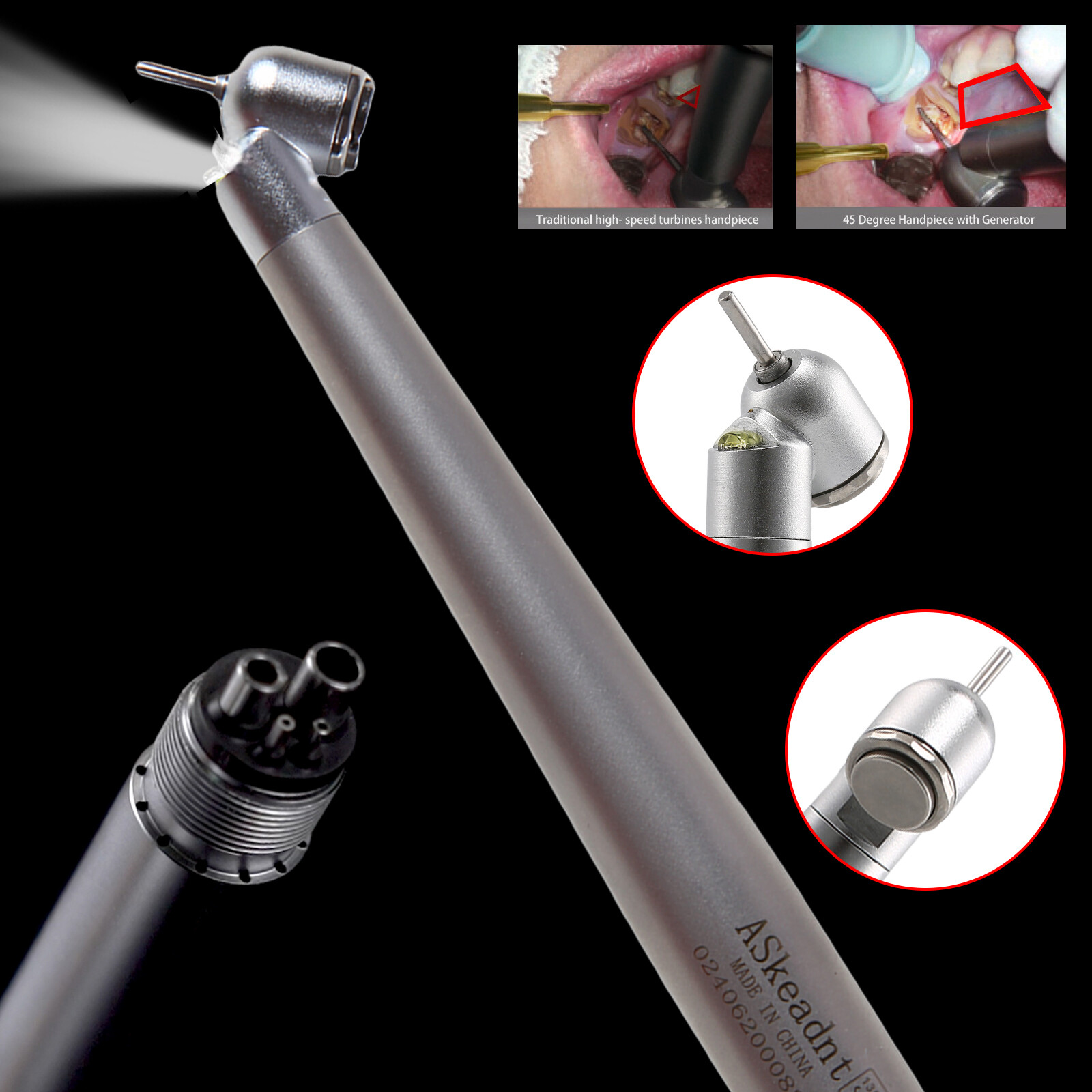 Dental 45° LED Optic High Speed Handpiece E-generator 4 Hole for NSK ASkeadnt