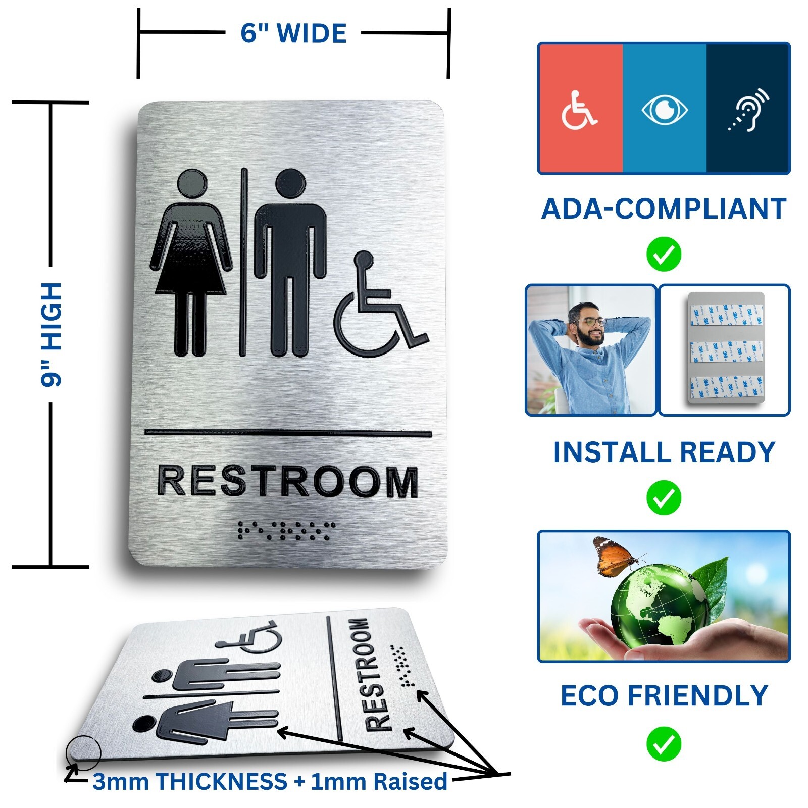 Unisex Restroom Sign with Braille, Aluminum 9 x 6″ ADA Restroom Sign