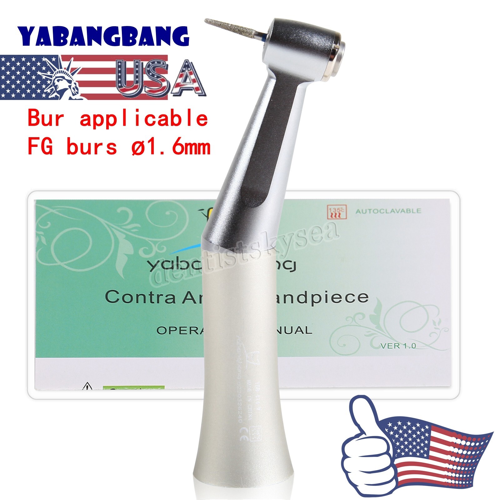 Dental Low Speed Handpiece Push Button Fit FG 1.6mm Burs Contra Angle