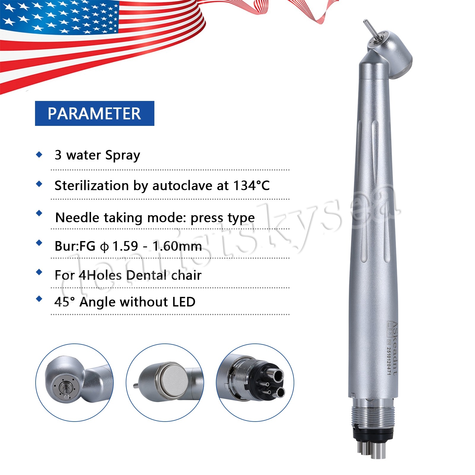 Dental 45° High Speed Handpiece Surgical Single Spray 4Hole Push Steel Turbine