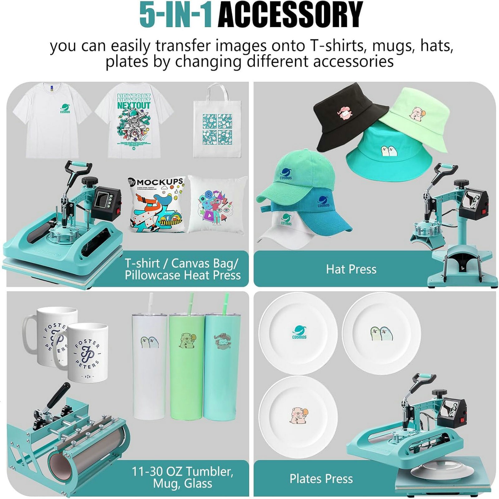 5 in 1 Heat Press Machine 15″x15″ T-Shirt Transfer Sublimation W. 30OZ Tumbler